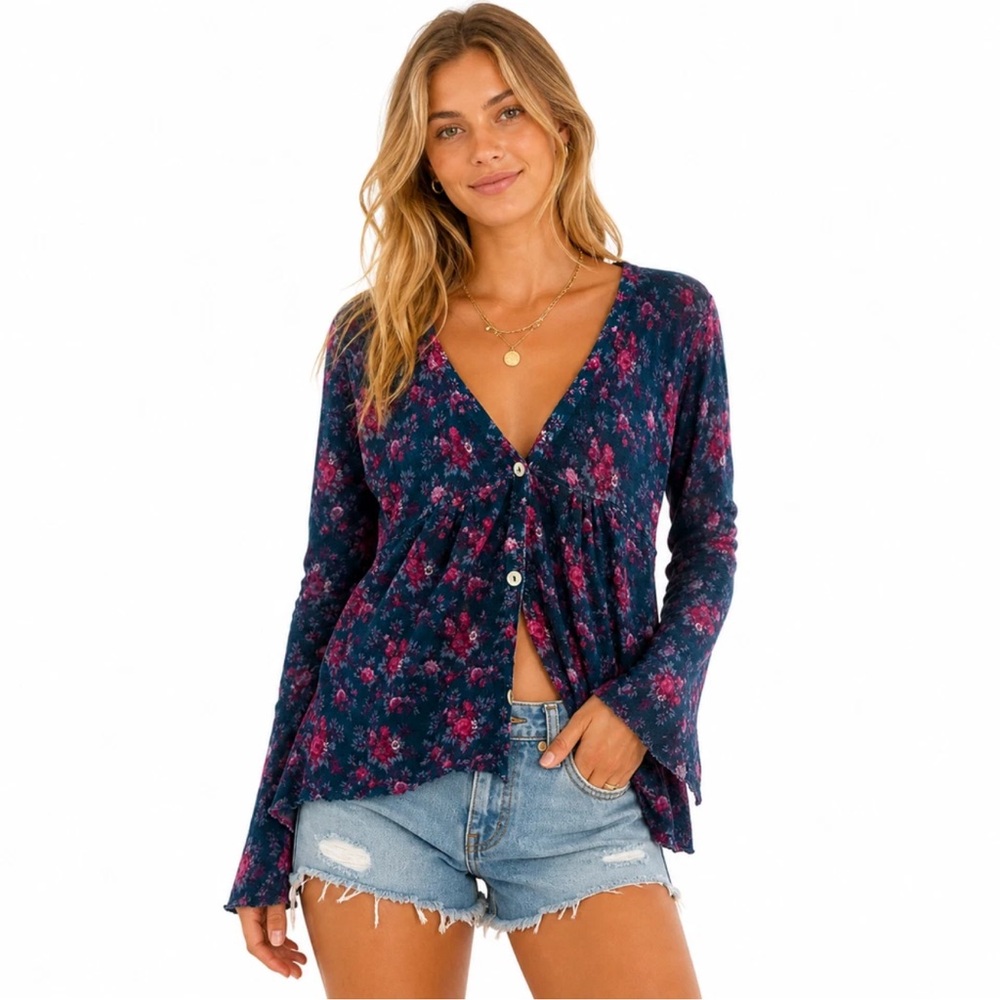 Free People Wool Blend Cardigan Sweater Womens L Deep Blue Floral Hippie Boho